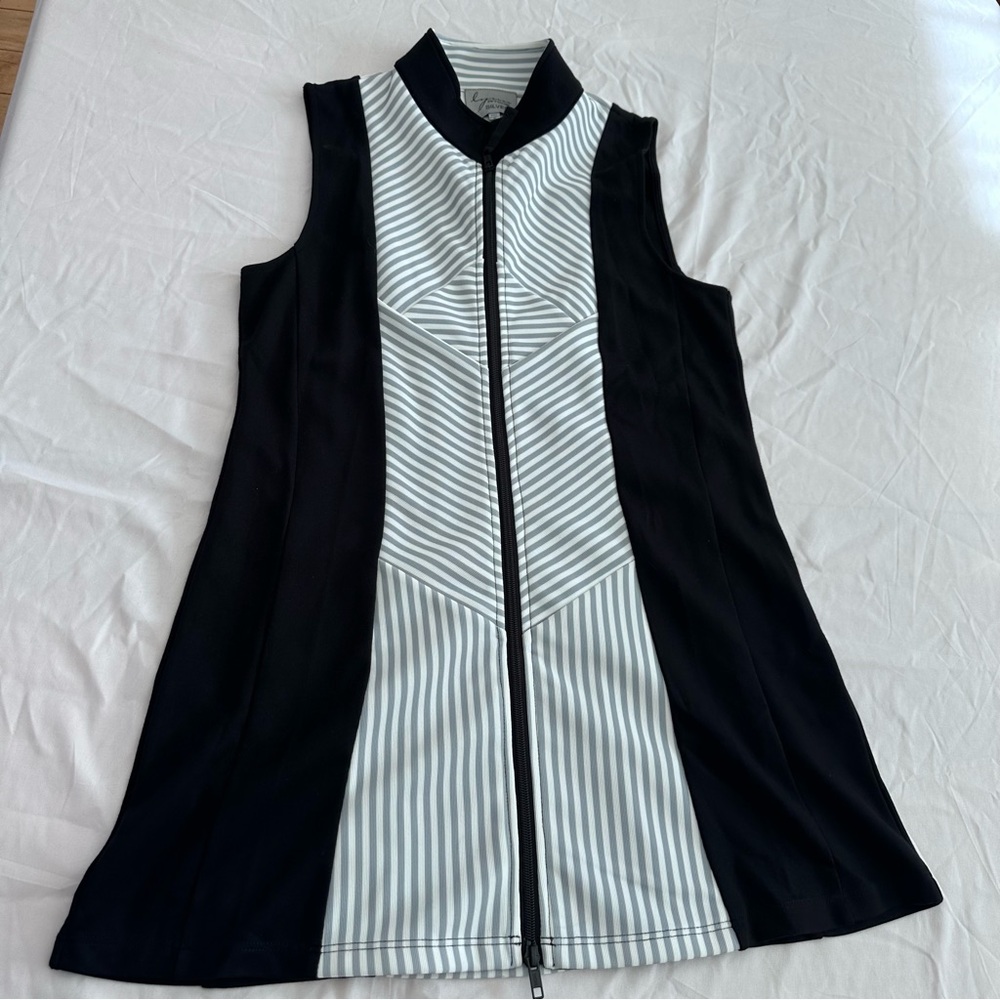 Lynn Ritchie Black/Stripe Sleeveless Zip-Up Long Vest S‎
